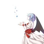  1girl aqua_hair asymmetrical_bangs bangs bat_wings bent_elbow blue_flower closed_mouth color_drain commentary_request dress faceless faceless_female feet_out_of_frame flower frilled_sleeves frills from_side lips looking_up messy_hair open_hands pointy_ears red_neckwear red_wristband remilia_scarlet sash short_hair short_sleeves shouzuo simple_background solo standing touhou white_background white_dress wings wristband 