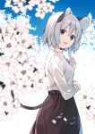  1girl adapted_costume akagashi_hagane alternate_costume animal_ears black_skirt blue_sky cherry_blossoms commentary contemporary day from_side grey_hair head_tilt highres jewelry looking_at_viewer mouse_ears mouse_tail nazrin open_mouth outdoors pendant red_eyes shirt short_hair skirt sky smile solo tail touhou white_shirt 