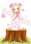  absurdres animal_ears bear_ears bear_hood bow commentary_request copyright_request drawstring fingernails green_eyes green_hair highres hood hood_up hoodie kuma_no_yume long_sleeves paw_shoes pink_bow pocket polka_dot polka_dot_bow shoes sitting sleeves_past_wrists striped_hoodie translation_request tree_stump virtual_youtuber wariza white_background 