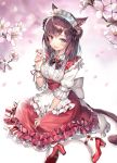  1girl animal_ears bent_elbow blush breasts brown_hair character_request commentary_request facial_mark final_fantasy final_fantasy_xiv flower hairband highres holding holding_flower long_hair looking_at_viewer medium_breasts miqo&#039;te momoko_(momopoco) red_footwear smile solo tail 