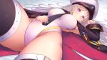  1girl azur_lane bangs between_breasts black_legwear blush breasts closed_mouth coat competition_swimsuit enterprise_(azur_lane) eyebrows_visible_through_hair grey_hair hat highleg highres large_breasts long_hair looking_at_viewer lying necktie necktie_between_breasts on_back one-piece_swimsuit open_clothes open_coat peaked_cap smile solo swimsuit thigh-highs thighs violet_eyes white_swimsuit yoshiheihe 