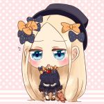  1girl :o abigail_williams_(fate/grand_order) absurdly_long_hair bangs black_bow black_dress black_footwear black_hat blonde_hair bloomers blue_eyes blush bow butterfly chibi commentary_request dress fate/grand_order fate_(series) flying_sweatdrops forehead hair_bow hat heart high_heels holding holding_heart insect long_hair long_sleeves looking_at_viewer manasuke mary_janes orange_bow parted_bangs parted_lips pigeon-toed polka_dot polka_dot_background polka_dot_bow shoes sleeves_past_fingers sleeves_past_wrists solo standing striped striped_background stuffed_animal stuffed_toy teddy_bear underwear very_long_hair white_bloomers 