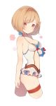  1girl arm_behind_back bangs blush bow breasts brown_eyes cleavage closed_mouth commentary_request cropped_legs djeeta_(granblue_fantasy) eyebrows_visible_through_hair frilled_swimsuit frills from_side gin00 granblue_fantasy hairband halterneck highres looking_at_viewer medium_breasts red_bow short_hair simple_background solo standing stomach swimsuit thigh_strap white_background white_swimsuit 