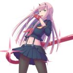  1girl commentary_request cosplay darling_in_the_franxx gloves green_eyes hairband highres holding horns in_mouth kill_la_kill living_clothes long_hair matoi_ryuuko matoi_ryuuko_(cosplay) midriff navel pink_hair pleated_skirt red_gloves school_uniform scissor_blade senketsu serafuku simple_background skirt solo sparkle suspenders thigh-highs white_hairband yoruusagi zero_two_(darling_in_the_franxx) 