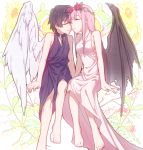  1boy 1girl angel_wings bangs barefoot black_collar black_hair black_wing blue_horns breasts chain_necklace chains cleavage closed_eyes collar collarbone commentary_request couple darling_in_the_franxx demon_wings dress flower forehead-to-forehead hair_flower hair_ornament hetero highres hiro_(darling_in_the_franxx) horns jewelry leje39 long_hair medium_breasts necklace oni_horns pink_dress pink_hair red_horns short_hair single_wing sitting sleeveless sleeveless_dress wings zero_two_(darling_in_the_franxx) 