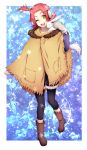  1girl earmuffs garo:vanishing_line garo_(series) gloves headphones highres long_hair nc4 one_eye_closed open_mouth pantyhose poncho rabbit redhead side_ponytail snowflakes solo sophia_hennes teeth yellow_eyes 