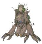  1girl breasts closed_mouth dryad full_body gem kneeling land_of_caromag large_breasts leaf looking_at_viewer monster_girl no_pupils official_art simple_background solo walzrj white_background yellow_sclera 