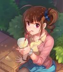  1girl absurdres ahoge blush bracelet breasts brown_hair brown_legwear collarbone collared_shirt drinking_straw eyebrows_visible_through_hair highres idolmaster idolmaster_million_live! jewelry kamille_(vcx68) large_breasts looking_at_viewer nail_polish outdoors pantyhose parted_lips shirt short_hair side_drill sitting smile solo violet_eyes yellow_nails yellow_shirt yokoyama_nao 