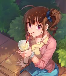  1girl absurdres ahoge blush bracelet breasts brown_hair brown_legwear collarbone collared_shirt drinking_straw eyebrows_visible_through_hair highres idolmaster idolmaster_million_live! jewelry kamille_(vcx68) large_breasts looking_at_viewer nail_polish outdoors pantyhose parted_lips shirt short_hair side_drill sitting smile solo violet_eyes yellow_nails yellow_shirt yokoyama_nao 