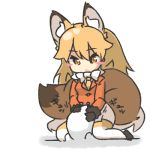  1girl :&lt; animal_ears blonde_hair blush_stickers chibi commentary_request ezo_red_fox_(kemono_friends) fox_ears fox_tail kemono_friends kneeling long_hair lowres orange_eyes simple_background snow solo tail white_background 