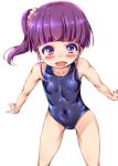  1girl bangs blue_swimsuit blunt_bangs blush breasts commentary_request covered_navel legs_apart long_hair looking_at_viewer one-piece_swimsuit original ponytail purple_hair school_swimsuit shiny shiny_clothes shiny_hair shiny_skin side_ponytail simple_background small_breasts solo standing swimsuit usyuuri violet_eyes white_background 