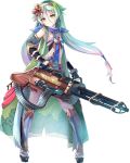  1girl breasts elbow_gloves eyebrows_visible_through_hair full_body gloves green_eyes green_hair gun hair_ornament holding holding_gun holding_weapon looking_at_viewer low_twintails nagashino_(oshiro_project) official_art oshiro_project oshiro_project_re sho_(runatic_moon) single_glove sleeveless small_breasts standing transparent_background twintails weapon yellow_hairband 