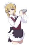  1girl :o apron bangs black_apron black_bow black_neckwear blonde_hair bow bowtie brown_vest cocktail_shaker commentary cowboy_shot cropped_legs cutlass_(girls_und_panzer) dress_shirt eyebrows_visible_through_hair frilled_apron frills getsuji_nectar girls_und_panzer head_tilt highres holding large_bow long_sleeves looking_at_viewer maid_headdress miniskirt parted_lips pleated_skirt shaker shirt short_hair simple_background sketch skirt solo standing vest waist_apron white_background white_skirt wing_collar yellow_eyes 