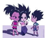  +++ 1boy 2girls armor baggy_pants belt black_eyes black_hair blush_stickers caulifla chibi clenched_hands dragon_ball dragon_ball_super eyelashes kale_(dragon_ball) kyabe looking_at_another multiple_girls one_leg_raised open_mouth pants ponytail red_shirt red_skirt shadow shirt short_hair simple_background skirt smile spiky_hair standing sweatdrop tank_top twitter_username white_background wristband 