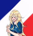  1girl 2018_fifa_world_cup alternate_costume blonde_hair closed_eyes face_painting fifa french_flag hair_between_eyes kantai_collection kuroinu9 long_hair richelieu_(kantai_collection) soccer_uniform solo sportswear world_cup 