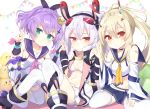  3girls animal_ears ayanami_(azur_lane) azur_lane bandaid belt breasts crown detached_sleeves fake_animal_ears hair_ornament hair_ribbon hairclip javelin_(azur_lane) koko_ne_(user_fpm6842) laffey_(azur_lane) long_hair looking_at_viewer multiple_girls navel purple_hair red_eyes remodel_(azur_lane) ribbon seiza shirt sitting sleeveless sleeveless_shirt small_breasts smile thigh-highs v white_hair white_legwear 