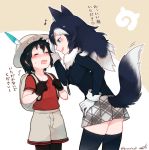  2girls animal_ears backpack bag black_hair blue_eyes blush bucket_hat closed_eyes feathers flying_sweatdrops full-face_blush fur_collar gloves grey_wolf_(kemono_friends) hand_on_another&#039;s_head hat holding_strap japari_symbol kaban_(kemono_friends) kemono_friends long_hair multicolored_hair multiple_girls musical_note necktie open_mouth pantyhose pleated_skirt seto_(harunadragon) shirt short_hair short_sleeves shorts signature skirt sleeve_cuffs sweatdrop t-shirt tail thigh-highs translation_request wavy_mouth white_hair wolf_ears wolf_tail zettai_ryouiki 