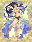  1girl :d anklet artist_request barefoot bikini blue_eyes blue_hair breasts character_request cleavage curvy dual_wielding female full_body jewelry kerberos_blade large_breasts long_hair looking_at_viewer navel open_mouth ponytail ririieru_chronowaal scimitar sidelocks smile solo swimsuit sword weapon 