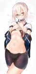  1girl ahoge artoria_pendragon_(all) bangs bikini_top black-framed_eyewear black_bikini_top black_choker black_shorts blonde_hair blue_jacket blush breast_suppress breasts choker closed_mouth collarbone cowboy_shot fafas68 fate/grand_order fate_(series) glasses hands_on_own_chest head_tilt highres hips jacket looking_at_viewer mysterious_heroine_x_(alter) navel off_shoulder open_clothes open_jacket shiny shiny_hair shiny_skin shirt shirt_lift short_hair short_sleeves shorts simple_background small_breasts solo standing steaming_body stomach under_boob waist white_background white_shirt yellow_eyes 