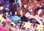  &gt;_&lt; 2girls :d absurdres amanekuu aoi_kimi armpits bare_shoulders blush boots breasts brown_hair brown_legwear cleavage commentary_request hair_between_eyes highres holding holding_weapon honda_futayo huge_breasts kyoukaisenjou_no_horizon lance legs_apart leotard looking_at_viewer multiple_girls open_mouth pantyhose parted_lips pink_eyes polearm ponytail purple_hair smile standing violet_eyes weapon white_leotard 
