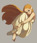  1girl barefoot blonde_hair blue_eyes blush bracelet dress floating full_body highres jewelry knees_up looking_at_viewer necklace pink_lips pointy_ears princess_zelda simple_background sketch smile solo teeth the_legend_of_zelda the_legend_of_zelda:_breath_of_the_wild toes white_dress wind zambiie 