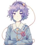  1girl :| blouse blue_blouse closed_mouth collar collared_blouse crossed_arms eyebrows_visible_through_hair flat_chest frilled_collar frills hairband heart jitome komeiji_satori looking_at_viewer messy_hair purple_hair ribbon-trimmed_collar ribbon_trim short_hair simple_background solo string third_eye touhou upper_body uranaishi_(miraura) violet_eyes white_background 