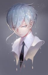  androgynous antarcticite black_neckwear collared_shirt crystal_hair eyebrows_visible_through_hair gem_uniform_(houseki_no_kuni) gradient gradient_background hair_ornament houseki_no_kuni light_blue_eyes looking_down necktie portrait shirt short_hair simple_background snowflake_hair_ornament snowflake_print solo songjikyo white_shirt 