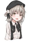  1girl :d absurdres ahoge bangs beret black_bow black_hat black_ribbon blush bow brown_eyes brown_hair collared_shirt eyebrows_visible_through_hair flower hair_between_eyes hair_flower hair_ornament hair_rings hashiko_no_woto hat hatoba_tsugu hatoba_tsugu_(character) highres mole mole_under_eye open_mouth ribbon rose shirt simple_background smile solo suspenders upper_body virtual_youtuber white_background white_flower white_rose white_shirt 