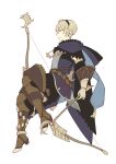  1boy ai-wa arrow blonde_hair boots bow_(weapon) cloak fire_emblem fire_emblem_if gloves green_eyes highres holding holding_bow_(weapon) holding_weapon jewelry leon_(fire_emblem_if) necklace quiver simple_background solo weapon white_background 