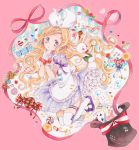  1girl alice_(wonderland) alice_in_wonderland black_footwear blonde_hair blue_eyes bow braid candy card commentary_request cookie cupcake dress flower food frilled_gloves frilled_skirt frills gloves hair_bow hand_on_own_chin hands_together hat heart heart_print highres light_blush lollipop long_hair marker_(medium) mary_janes petticoat pink_background playing_card pocket_watch rabbit red_bow red_ribbon ribbon shoes short_sleeves skirt sock_garters solo spoon thigh-highs top_hat traditional_media uni_(setsuna_gumi39) watch watercolor_(medium) wavy_mouth white_bow white_gloves white_legwear 