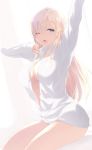  1girl blonde_hair blue_eyes boku_wa_tomodachi_ga_sukunai breasts cait commentary_request highres kashiwazaki_sena large_breasts long_hair looking_at_viewer open_clothes open_shirt shirt simple_background solo stretch white_background 