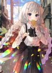  1girl ahoge bangs blue_eyes blush braid building dress eating eyebrows_visible_through_hair food hair_ornament hairclip highres holding kizuna_akari long_hair long_sleeves looking_at_viewer mouth_hold narami outdoors solo taiyaki twin_braids very_long_hair voiceroid wagashi white_hair 