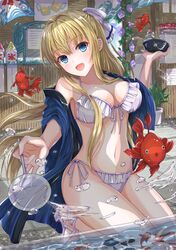  1girl :d animal bangs bikini blonde_hair blue_eyes blue_jacket bowl breasts candy_apple commentary_request cross-laced_footwear fish fish_tank flower food frilled_bikini frills front-tie_bikini front-tie_top goldfish goldfish_scooping half_updo highres holding holding_bowl hoshimaemi jacket kneeling kooribata long_hair looking_at_viewer medium_breasts midriff moe2018 morning_glory navel open_mouth original plant poi_(goldfish_scoop) potted_plant sandals shaved_ice side-tie_bikini smile splashing swimsuit vines white_bikini white_footwear 