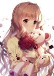  1girl bangs blonde_hair blush brown_eyes comic eyebrows_visible_through_hair flower game marimo muvluv parted_lips red_flower red_rose rose rosuuri shaded_face shadow sidelocks simple_background stuffed_animal stuffed_toy teddy_bear valentine 