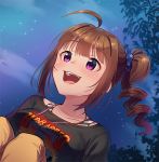  1girl ahoge blush bra_strap breasts brown_hair collarbone eyebrows_visible_through_hair idolmaster idolmaster_million_live! kamille_(vcx68) large_breasts looking_away night night_sky open_mouth outdoors short_hair side_drill sky smile solo star_(sky) starry_sky violet_eyes yokoyama_nao 