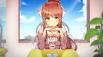  1girl artist_name bangs bare_shoulders blue_sky blush bow brown_hair brown_sweater casual chair closed_mouth clouds collarbone cup day doki_doki_literature_club elbows_on_table eyebrows_visible_through_hair food fruit green_eyes hair_bow hair_intakes hands_clasped highres ice_cream indoors long_hair long_sleeves looking_at_viewer monika_(doki_doki_literature_club) own_hands_together parfait plant pocky ponytail potted_plant pov_across_table prodonyang ribbed_sweater ribbon sidelocks sitting sky smile solo strawberry sweater table twitter_username upper_body wafer white_bow window 