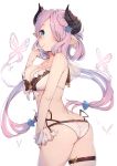  1girl absurdres arm_at_side ass bangs bikini blue_eyes blush breasts butt_crack butterfly cleavage closed_mouth commentary_request draph earrings eyebrows_visible_through_hair eyelashes finger_to_mouth from_side gin00 granblue_fantasy hair_ornament hair_over_one_eye hairclip heart heart-shaped_pupils highres horns index_finger_raised insect jewelry lavender_hair leg_garter leg_strap long_hair looking_at_viewer low_tied_hair medium_breasts narmaya_(granblue_fantasy) pointy_ears purple_hair simple_background skindentation solo star star_earrings swimsuit symbol-shaped_pupils thigh_strap white_background white_bikini 