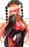  1girl bangs blush breasts chinese_clothes commentary dress eyebrows_visible_through_hair highres junko_(touhou) large_breasts long_hair long_sleeves looking_at_viewer one_eye_closed orange_hair raptor7 red_eyes simple_background smile solo touhou very_long_hair white_background 