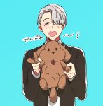  1boy ^_^ blue_background character_doll closed_eyes eyes_visible_through_hair formal hair_over_one_eye heart-shaped_mouth kyouna lanyard makkachin male_focus open_mouth silver_hair smile suit translation_request viktor_nikiforov yuri!!!_on_ice 