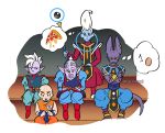  5boys bald beerus bracelet crossed_arms dougi dragon_ball dragon_ball_super dragonball_z earrings egg egyptian_clothes embarrassed expressionless eyelashes food jewelry kaioushin kuririn long_sleeves looking_at_another looking_down male_focus mohawk multiple_boys nervous number pizza pointy_ears potara_earrings rou_kaioushin simple_background sitting sparkle staff sweatdrop thought_bubble twitter_username whis white_background white_hair wristband 
