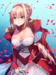 1girl aburai_yui ahoge blonde_hair braid breasts cleavage closed_mouth commentary_request dress epaulettes eyebrows_visible_through_hair fate/extra fate_(series) french_braid green_eyes hair_bun hair_intakes hand_on_hip highres large_breasts long_hair long_sleeves looking_at_viewer nero_claudius_(fate) nero_claudius_(fate)_(all) petals red_dress solo 