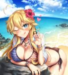  1girl ;q ahoge alternate_costume american_flag_bikini_top anchor_necklace arm_support ass bangle bangs beach bent_over bikini blonde_hair blue_eyes blush bracelet breasts butt_crack cleavage closed_mouth collarbone eyebrows_visible_through_hair fisheye flower glint hair_flower hair_ornament heart heart_ahoge hibiscus horizon iowa_(kantai_collection) jewelry kantai_collection large_breasts long_hair looking_at_viewer mika_(1020mk) mismatched_bikini necklace ocean one_eye_closed open_clothes open_shirt pearl_bracelet pendant raised_eyebrows rock see-through shiny shiny_hair shirt short_sleeves side-tie_bikini sidelocks smile solo star star-shaped_pupils star_print striped_bikini_bottom sweat swimsuit symbol-shaped_pupils tongue tongue_out water wet wet_clothes wet_shirt white_shirt wristband 