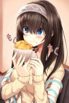  1girl :t bangs blush breasts brown_hair closed_mouth couch eating eyebrows_visible_through_hair food food_in_mouth hair_between_eyes hairband highres idolmaster idolmaster_cinderella_girls indoors long_hair long_sleeves medium_breasts muffin necktie oga_raito on_couch sagisawa_fumika shawl smile solo sparkle straight_hair sweater translation_request upper_body yellow_sweater 