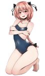  1boy :d alternate_eye_color astolfo_(fate) bangs bare_arms bare_legs bare_shoulders barefoot baretto_(karasi07) black_bow blue_swimsuit blush body_blush bow braid collarbone commentary_request competition_school_swimsuit covered_navel crossed_arms embarrassed eyebrows_visible_through_hair fang fate/apocrypha fate_(series) feet full_body furrowed_eyebrows hair_between_eyes hair_bow hair_intakes half-closed_eyes highres kneeling long_hair looking_at_viewer male_focus open_mouth pink_hair red_eyes shadow shiny shiny_clothes shiny_hair simple_background single_braid smile solo sweatdrop swimsuit trap white_background 