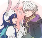  1boy 1girl animal_ears blue_eyes blue_hair bunnysuit couple egg fire_emblem fire_emblem:_kakusei fire_emblem_heroes hoshigaki_(hsa16g) long_hair lucina male_my_unit_(fire_emblem:_kakusei) mamkute my_unit_(fire_emblem:_kakusei) rabbit_ears tiara 