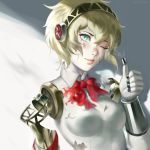  1girl absurdres aegis_(persona) blonde_hair blood blue_eyes highres injury looking_at_viewer neck_ribbon one_eye_closed persona persona_3 ragecndy ribbon smile solo thumbs_up 