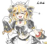  1girl :d alternate_costume apron artist_name black_bow blush bow brown_eyes brown_hair choker clenched_hand enmaided hair_bow hair_ornament hairclip headgear hikkub maid maid_headdress midriff navel one_eye_closed open_mouth orange_eyes puffy_short_sleeves puffy_sleeves senki_zesshou_symphogear senki_zesshou_symphogear_xd_unlimited short_hair short_sleeves simple_background sketch skirt smile solo star tachibana_hibiki_(symphogear) waist_apron white_background 