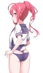  1girl ass bangs blue_swimsuit blush butt_crack closed_mouth cowboy_shot eyebrows_visible_through_hair from_behind highres i-168_(kantai_collection) kantai_collection konnyaku_(kk-monmon) long_hair looking_at_viewer looking_back one-piece_swimsuit ponytail red_eyes redhead school_swimsuit school_uniform serafuku short_sleeves sidelocks simple_background solo swimsuit swimsuit_under_clothes tears thighs torn_clothes torn_swimsuit white_background 