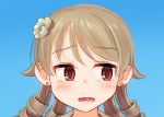  1girl blush brown_eyes brown_hair close-up drill_hair eyebrows_visible_through_hair flower hair_flower hair_ornament highres idolmaster idolmaster_cinderella_girls kamille_(vcx68) looking_to_the_side morikubo_nono parted_lips short_hair solo upper_body wavy_mouth 