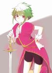  1girl 72yan asellus_(saga_frontier) bike_shorts commentary_request dress gloves green_hair red_eyes saga saga_frontier short_hair solo sword weapon 